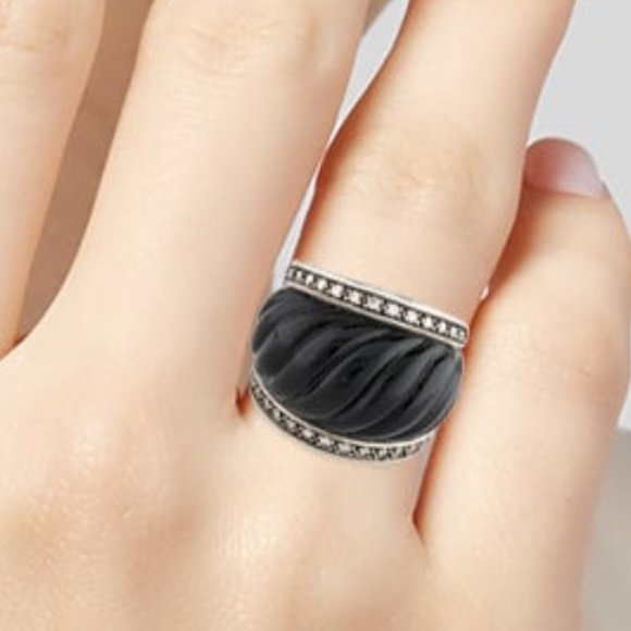 DAVID YURMAN STERLING SILVER ONYX & DIAMOND SCULPTED DOME BAND RING - Picture 8 of 8